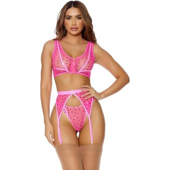 FORPLAY Heart To Catch Mesh Bra, Panty‎ and Garter Belt 3-Piece Lingerie Set - Picture 1 of 2